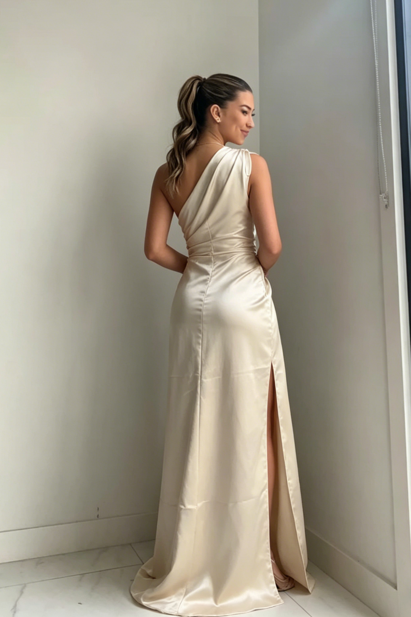 Champagne One-Shoulder Ruched Satin High Slit Evening Dresses – JiMiss